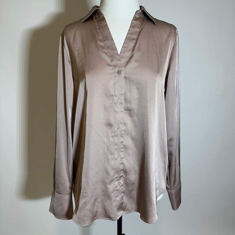 H&M Satin Silky Feel Button Down Shirt Blouse Womens Size Small S Brown Luxury - Picture 1 of 12